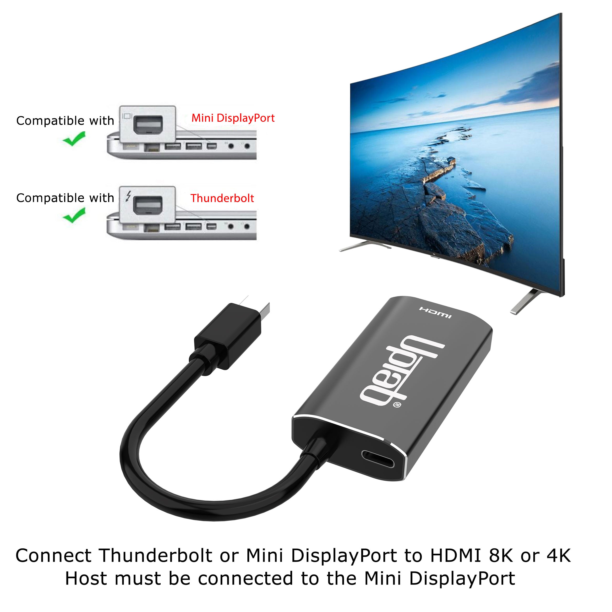 HDMI adapter with compatibility icons for Thunderbolt and Mini DisplayPort, displayed with a TV screen showing a scenic image.