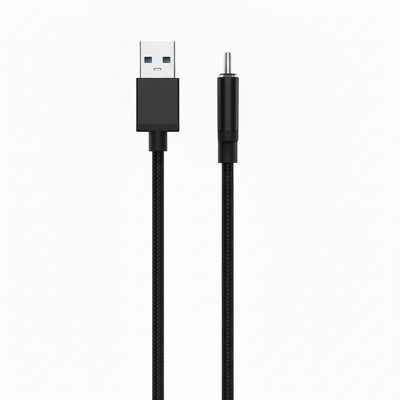 Black USB cable with one end being a standard USB connector and the other a micro USB connector on a white background.