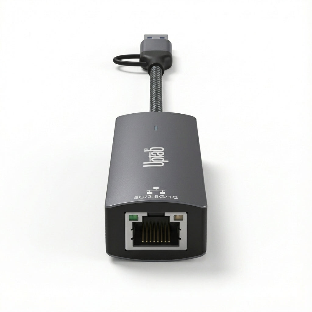 Network adapter with USB and Ethernet ports on a white background