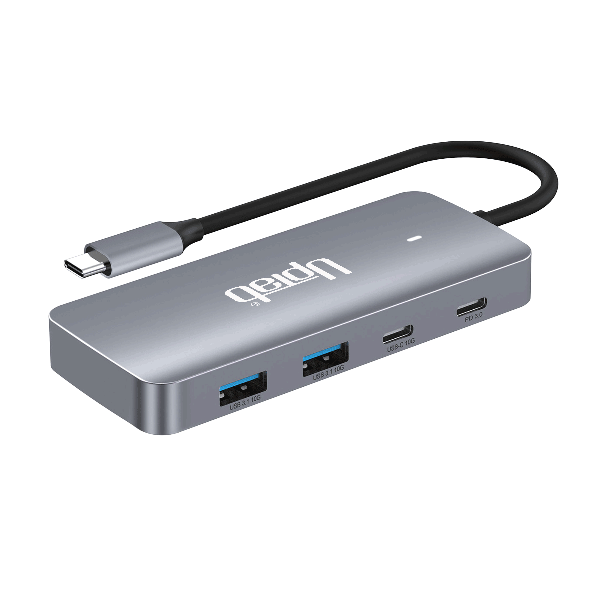 UPTab USB-C Docking Station connected to laptop with dual 8K monitors, Ethernet, and USB devices – 100W power delivery and 10Gbps speed