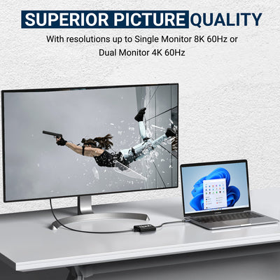 UPTab USB-C to Dual DisplayPort Adapter in action – Connecting a laptop to dual 8K displays with smooth video output and HDR support.